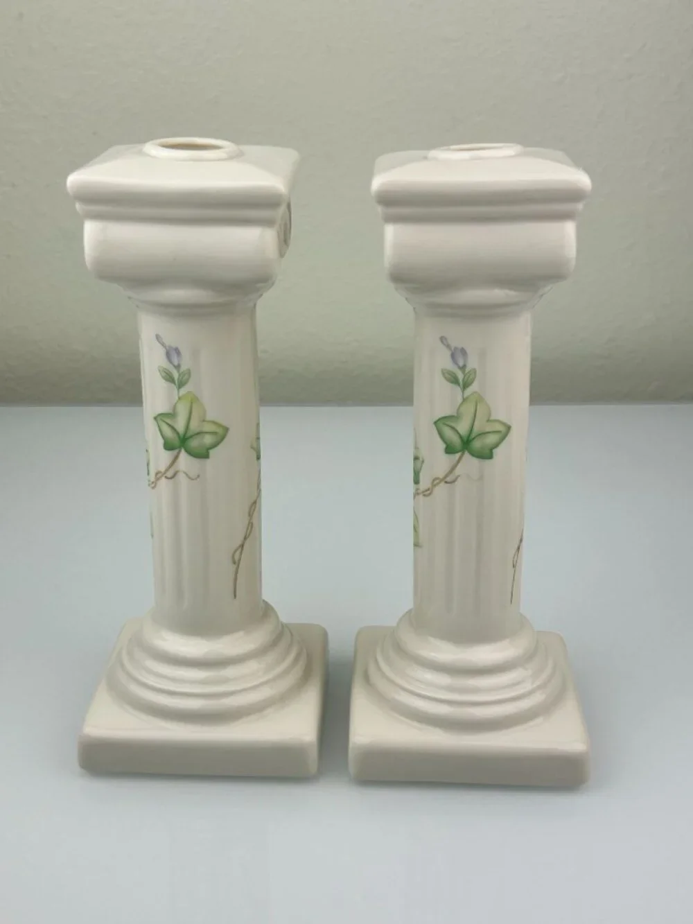 Belleek Classic Ivy Column Taper Candlesticks Ireland Ceramic Green Mark Home